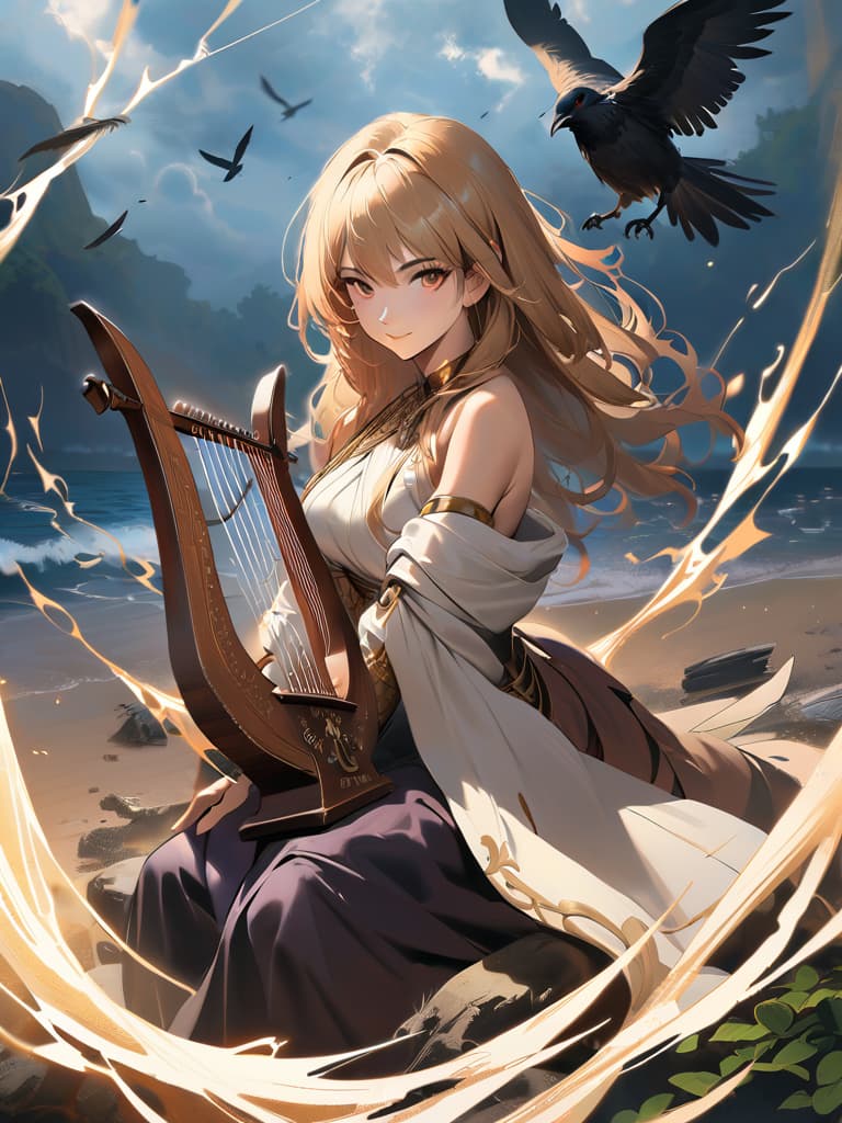  concept art lyre, stringed instrument, nymph, smile, long blond hair, messy hair, leaf in hair, toga, long dress, sitting on rock, storm, ocean, lightning, crows, black feathers front view, , , photorealistic, raw photo, (1girl, looking at viewer), long hair, bare white shoulders , intricate armor, carved wood filigree, intricate filigree, gold metalic parts, detailed part, dynamic pose, detailed background, dynamic lighting,(textured skin:1.3). digital artwork, illustrative, painterly, matte painting, highly detailed