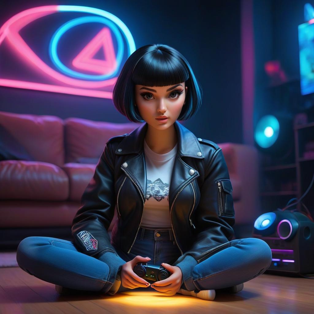  A girl with dark hair, wearing a bowl cut hairstyle, sits on the floor playing PlayStation with a black leather jacket and jeans shorts under it, holding a joystick and lit by blacklight. hyperrealistic, full body, detailed clothing, highly detailed, cinematic lighting, stunningly beautiful, intricate, sharp focus, f/1. 8, 85mm, (centered image composition), (professionally color graded), ((bright soft diffused light)), volumetric fog, trending on instagram, trending on tumblr, HDR 4K, 8K