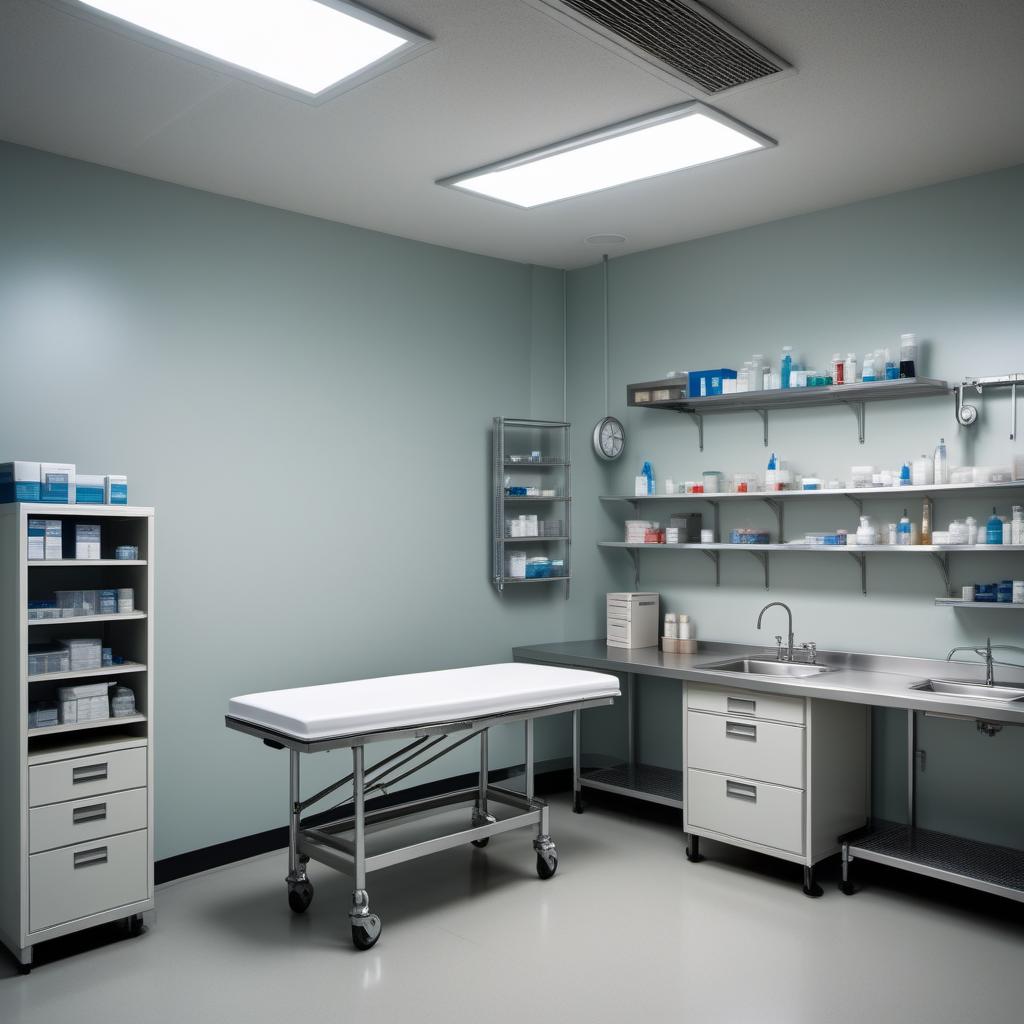  The interior of a small, low-budget autopsy room. The area is modest but functional. A basic autopsy table is centered in the room, with functional but less advanced overhead lighting. Simple medical tools and instruments are arranged on standard metal trays. The walls are bare, perhaps with standard white paint instead of tiles. An industrial sink is placed in one corner, with minimal cabinets and shelves holding essential medical supplies. The overall atmosphere is practical and straightforward, reflecting the budget constraints. hyperrealistic, full body, detailed clothing, highly detailed, cinematic lighting, stunningly beautiful, intricate, sharp focus, f/1. 8, 85mm, (centered image composition), (professionally color graded), ((bright soft diffused light)), volumetric fog, trending on instagram, trending on tumblr, HDR 4K, 8K