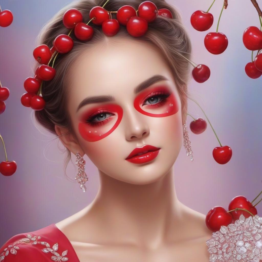  lm liquid glass girl cherry Airbrushing, diamond painting, computer graphics, vector beauty art cherry lobe, high resolution, high detail, high clarity of the image