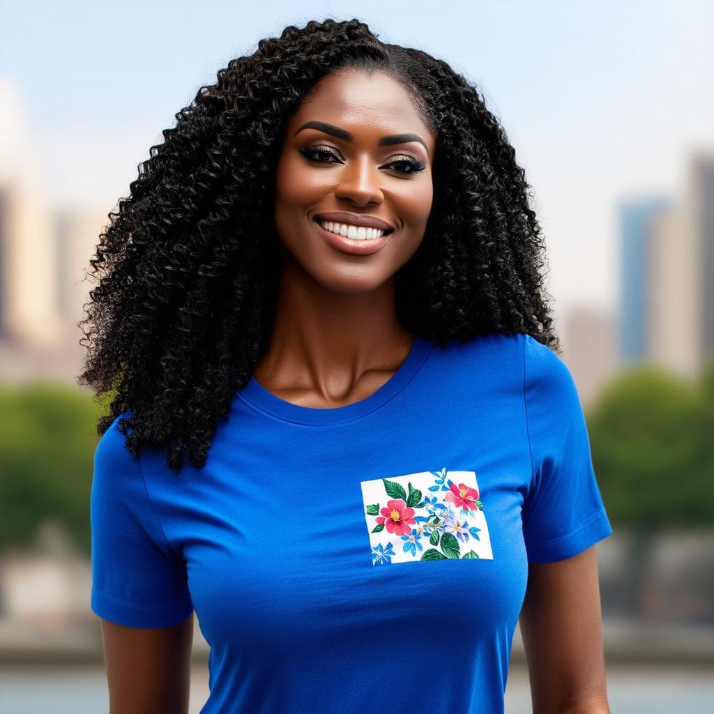  half body portrait black curly happy woman wearing blue t shirt with squared floral pattern on t shirt, Blurred city Background high quality, detailed intricate insanely detailed, flattering light, RAW photo, photography, photorealistic, ultra detailed, depth of field, 8k resolution , detailed background, f1.4, sharpened focus hyperrealistic, full body, detailed clothing, highly detailed, cinematic lighting, stunningly beautiful, intricate, sharp focus, f/1. 8, 85mm, (centered image composition), (professionally color graded), ((bright soft diffused light)), volumetric fog, trending on instagram, trending on tumblr, HDR 4K, 8K