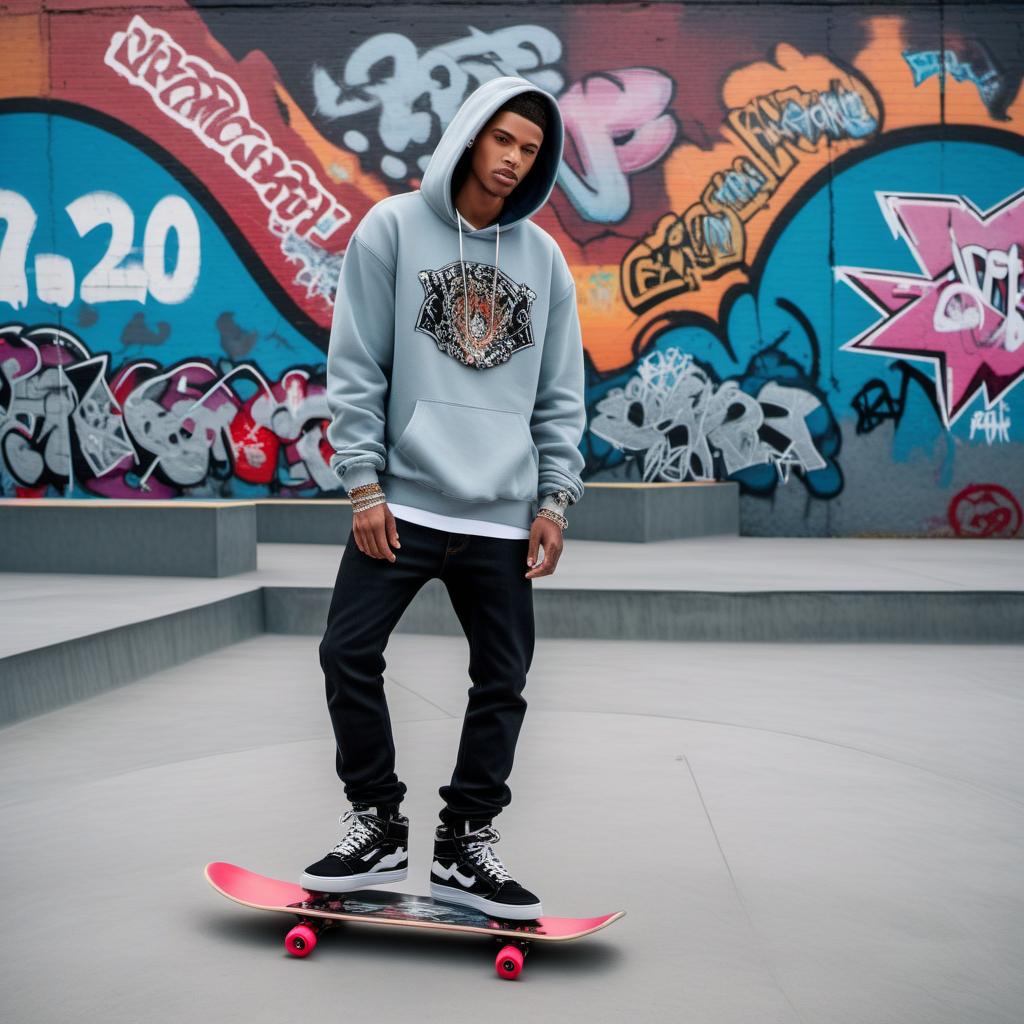  A man at a skatepark wearing very shiny diamond jewelry. The man is dressed in streetwear: baggy jeans, a trendy hoodie, and sneakers, with very noticeable diamond jewelry around his neck, wrists, and fingers reflecting light. He is mid-action, skating on a ramp, showcasing his skills. The background features other skaters, ramps, and graffiti-covered walls typical of a skatepark. hyperrealistic, full body, detailed clothing, highly detailed, cinematic lighting, stunningly beautiful, intricate, sharp focus, f/1. 8, 85mm, (centered image composition), (professionally color graded), ((bright soft diffused light)), volumetric fog, trending on instagram, trending on tumblr, HDR 4K, 8K