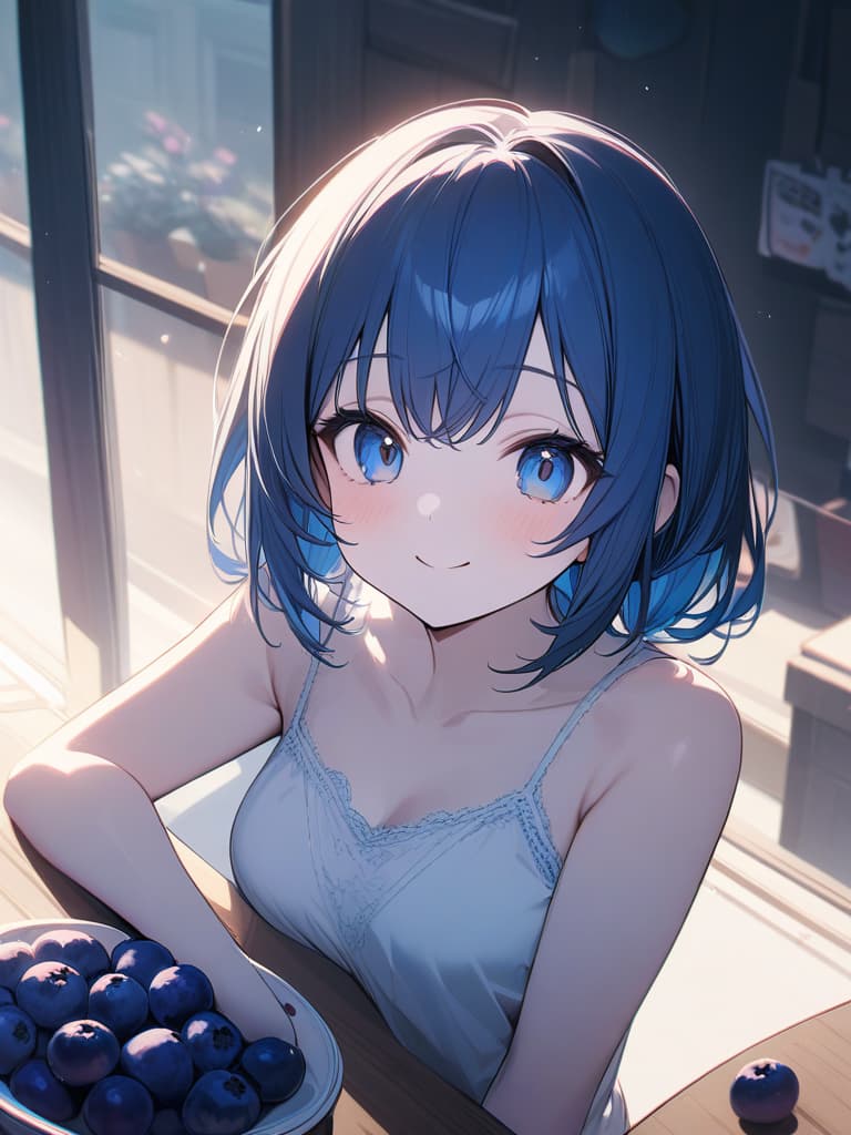  Cute, girl, long hair, thin body, white skin, blue eyes, big eyes, short bob, blueberry, blueberry decoration, short hair, blue hair color, sauce, smiling, camisole, masterpiece, best quality,8k,ultra detailed,high resolution,an extremely delicate and beautiful,hyper detail