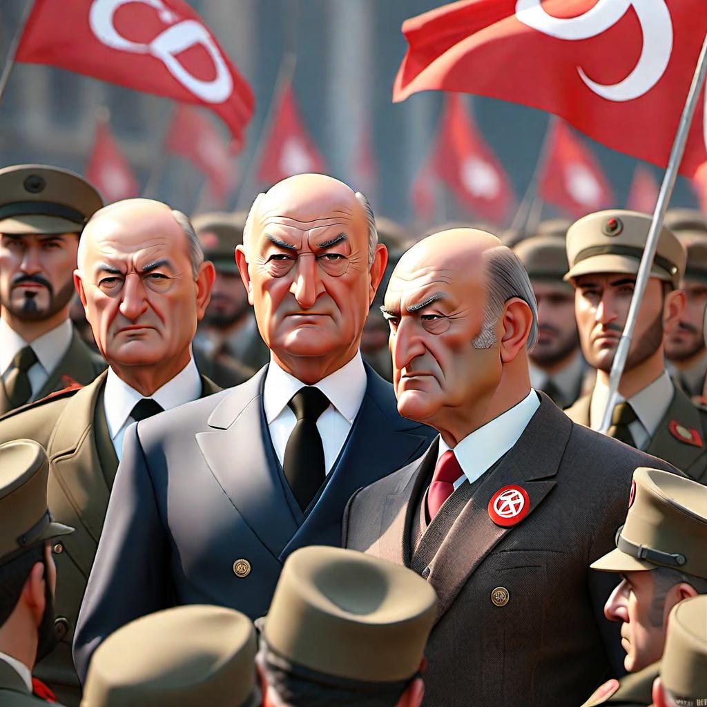  Nationalists from the Nationalist Movement Party (MHP) and Devlet Bahçeli hyperrealistic, full body, detailed clothing, highly detailed, cinematic lighting, stunningly beautiful, intricate, sharp focus, f/1. 8, 85mm, (centered image composition), (professionally color graded), ((bright soft diffused light)), volumetric fog, trending on instagram, trending on tumblr, HDR 4K, 8K