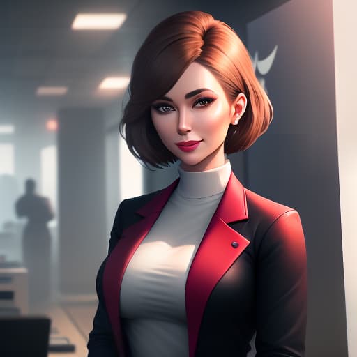  manager with Slavic facial features, dark blond, age 26, with short hair and small plump faces, in a red violet jacket in her office against the backdrop of a white office space in front, looking at the camera, friendly smile, confident teeth hyperrealistic, full body, detailed clothing, highly detailed, cinematic lighting, stunningly beautiful, intricate, sharp focus, f/1. 8, 85mm, (centered image composition), (professionally color graded), ((bright soft diffused light)), volumetric fog, trending on instagram, trending on tumblr, HDR 4K, 8K