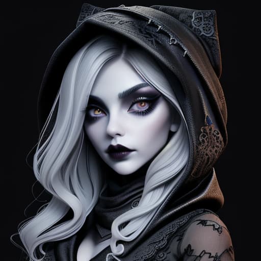  Female model wearing gothic style makeup with black lace scarf with hood