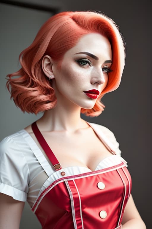 a closeup portrait of a playful maid, undercut hair, apron, amazing body, pronounced feminine feature, busty, lustful, carmin red lips, long hair, wavy hair, kitchen, [ash blonde | ginger | pink hair], freckles, flirting with camera hyperrealistic, full body, detailed clothing, highly detailed, cinematic lighting, stunningly beautiful, intricate, sharp focus, f/1. 8, 85mm, (centered image composition), (professionally color graded), ((bright soft diffused light)), volumetric fog, trending on instagram, trending on tumblr, HDR 4K, 8K
