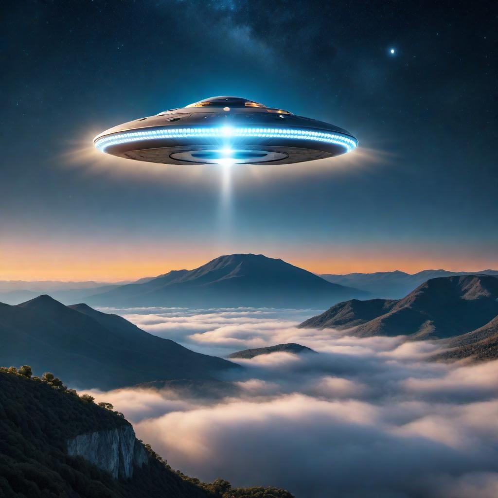  An image of a UFO aircraft flying in the night sky with bright lights illuminating the surroundings. The UFO should have a futuristic and mysterious appearance, hovering above a peaceful landscape. hyperrealistic, full body, detailed clothing, highly detailed, cinematic lighting, stunningly beautiful, intricate, sharp focus, f/1. 8, 85mm, (centered image composition), (professionally color graded), ((bright soft diffused light)), volumetric fog, trending on instagram, trending on tumblr, HDR 4K, 8K