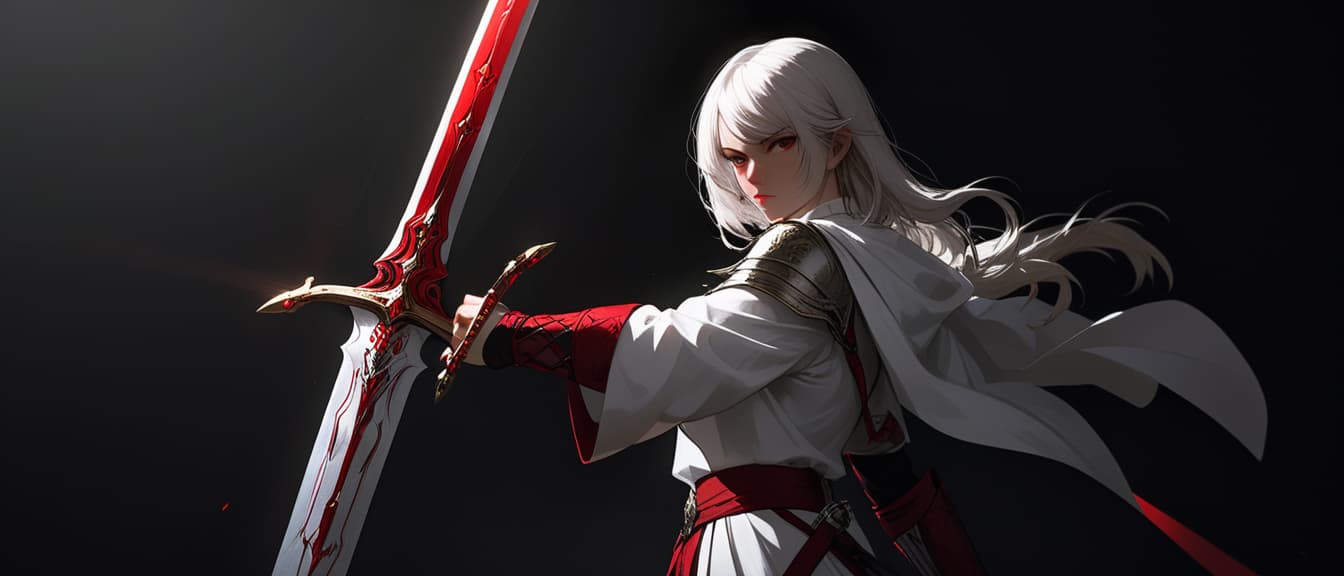  A beautiful wearing a white , holding a red sword in her hand, standing confidently against a pitch black background. Ultra detailed portrait with dramatic lighting, capturing the intensity of her gaze and the striking contrast of colors. The scene is cinematic, with high contrast and moody shadows, evoking a sense of power and mystery