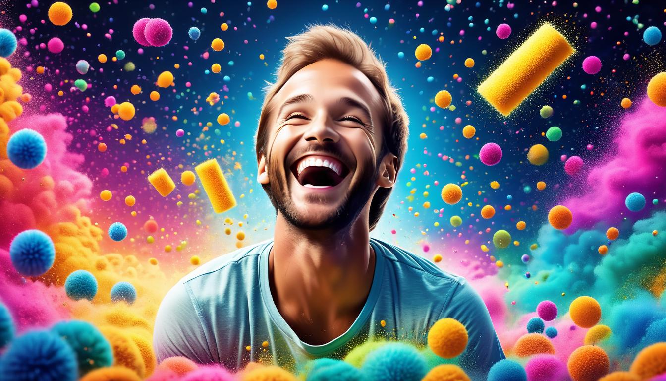  fluorescent dust, fluorescent spraypaint, fluorescent grain, fluorescent make up A close up of Nick Vujicic's joyous expression, surrounded by simple, everyday objects, signifying finding joy in small things. Around him, magical beings reflecting his happiness, warm and inviting atmosphere, mood of simplicity and contentment.dust, cinematic film, best quality, high resolution, realistic, 8k, dynamic angle, serene, extremely detailed, absurdres particle effect, wonderful night dreamlike glowing masterpiece, celestial, detailed, realistic, image concept art, phenomenal mesmerise, maximalist,