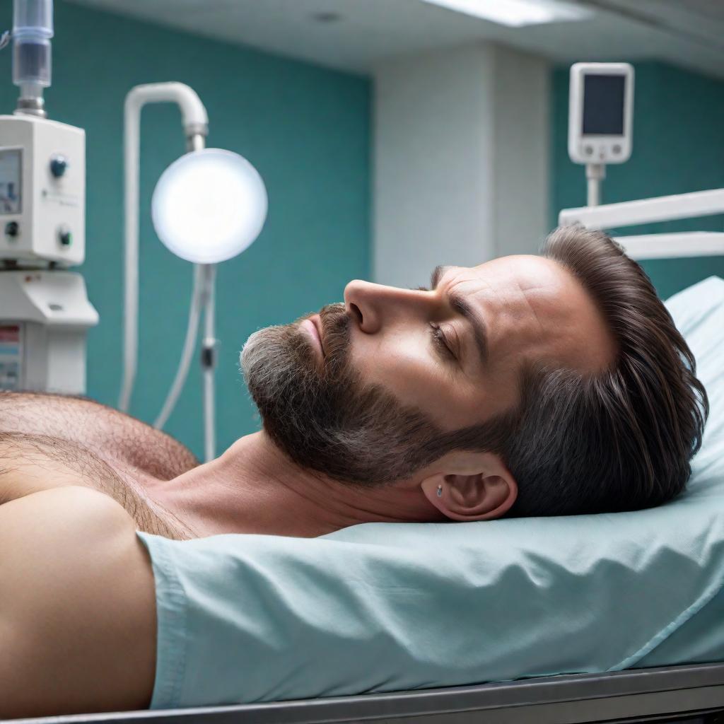  Create an image where the face from the provided photo (a man in a headshot format) is laying in a hospital bed without a shirt, showing road rash all over his body due to a motorcycle wreck. The hospital bed should have medical equipment in the background to enhance the hospital setting. hyperrealistic, full body, detailed clothing, highly detailed, cinematic lighting, stunningly beautiful, intricate, sharp focus, f/1. 8, 85mm, (centered image composition), (professionally color graded), ((bright soft diffused light)), volumetric fog, trending on instagram, trending on tumblr, HDR 4K, 8K