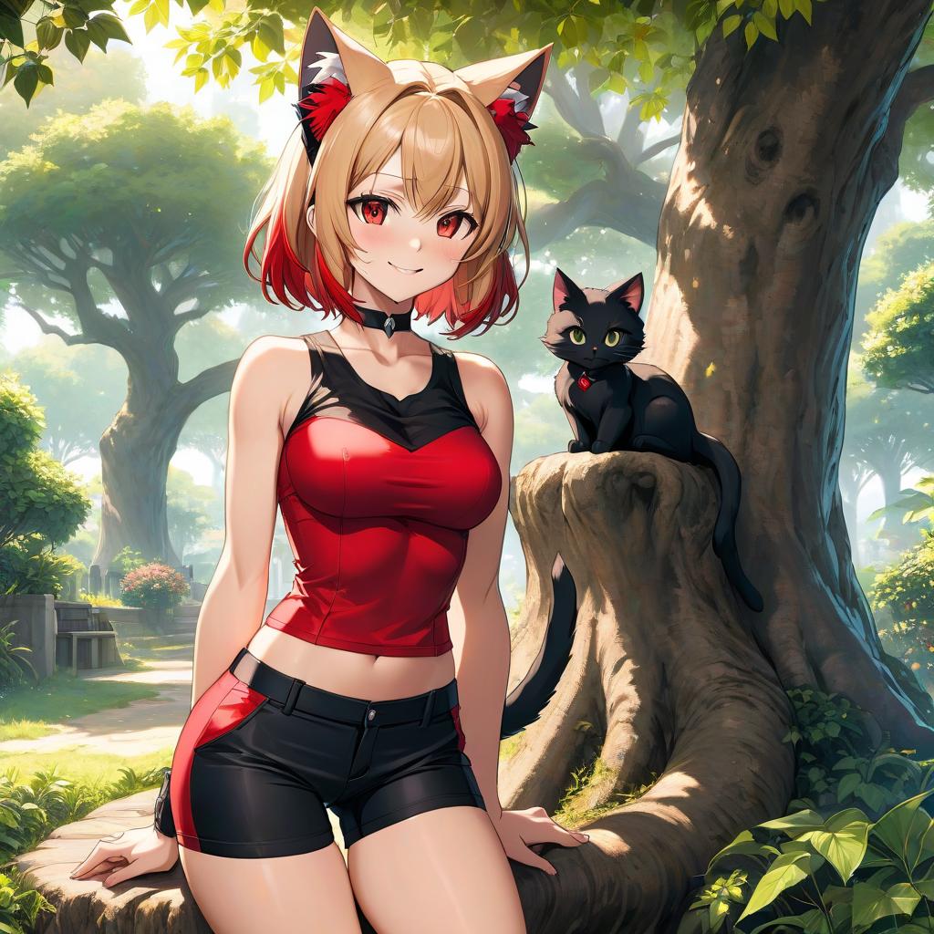  anime artwork A nine yea with a beautiful face, clad in a body hugging black and red top, an ideal physique with a large bust and behind, black and red shorts, cat ears, smiles, sits under a tree, showing off her toned body. . anime style, key visual, vint, studio anime, highly detailed hyperrealistic, full body, detailed clothing, highly detailed, cinematic lighting, stunningly beautiful, intricate, sharp focus, f/1. 8, 85mm, (centered image composition), (professionally color graded), ((bright soft diffused light)), volumetric fog, trending on instagram, trending on tumblr, HDR 4K, 8K