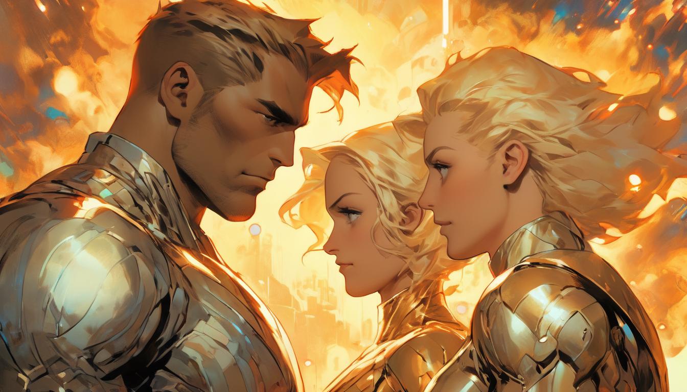  hyperrealism,fantasy aesthetic1woman1man, large busted attractive blonde arian female humanoid and handsome male humanoid, looking at each other, expressions of realization, surrounded by cosmic background, high tech clothing clad in sleek, futuristic costume with metallic accents and form fitting designs, marvel superhero comics style, unreal engine rendering