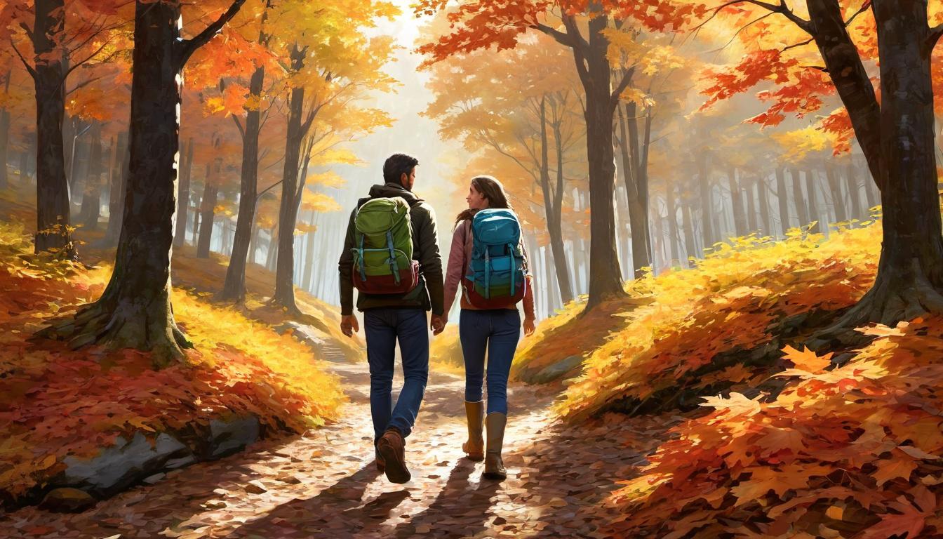  digital illustration, 1man, 1woman, hiking up a trail with backpacks, autumn forest, fallen leaves crunching underfoot, engaged in conversation, warm sunlight filtering through, harmonious, invigorating, shared purpose, looking at viewer, dynamic pose, (intricate details, masterpiece, best quality)