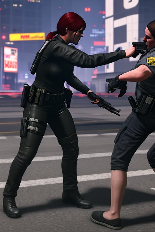  Maria defeats sgt griggs. cyberpunk assassin knocking out menacing police trooper griggs GTA5