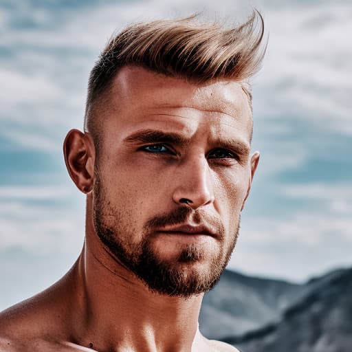 portrait+ style Russian queer fitness model blonde hunk dilf dude face