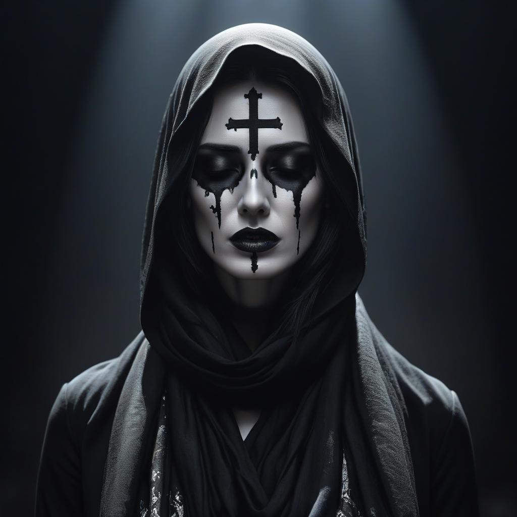  Create a black and white ilration of a in a gothic religious style. Her face shows despair and pain from betrayal, her eyes are closed with black tears flowing out. Her lips are tight, suggesting sadness and hopelessness. A black scarf covers her head and neck. On her forehead is a small star, on the scarf is a large black cross. Around her neck are two with crosses. The scarf is surrounded by a glow, emanating from behind her head, with small stars surrounding the glow. Behind the is a mask of the demon Hannya, seeming to protect her. The ilration is done in a minimalist and contrasting style with clear lines, dominated by black color, creating deep shadows and expressive outlines. The lines and details accentuate  hyperrealistic, full body, detailed clothing, highly detailed, cinematic lighting, stunningly beautiful, intricate, sharp focus, f/1. 8, 85mm, (centered image composition), (professionally color graded), ((bright soft diffused light)), volumetric fog, trending on instagram, trending on tumblr, HDR 4K, 8K