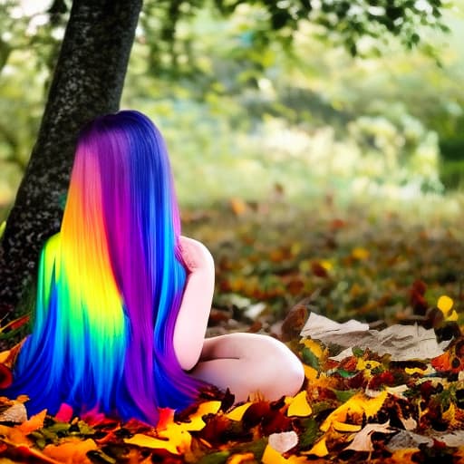  A girl has hair in rainbow color, colorful leaves