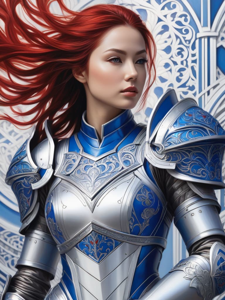  front view, detailed photorealistic portrait of a woman in a dynamic pose. The woman has long hair and is wearing a white mechanical armor with intricate blue filigree details and red metallic parts. The armor is detailed and elaborate. The woman's skin is textured. The background is also detailed and there is dynamic lighting in the scene.