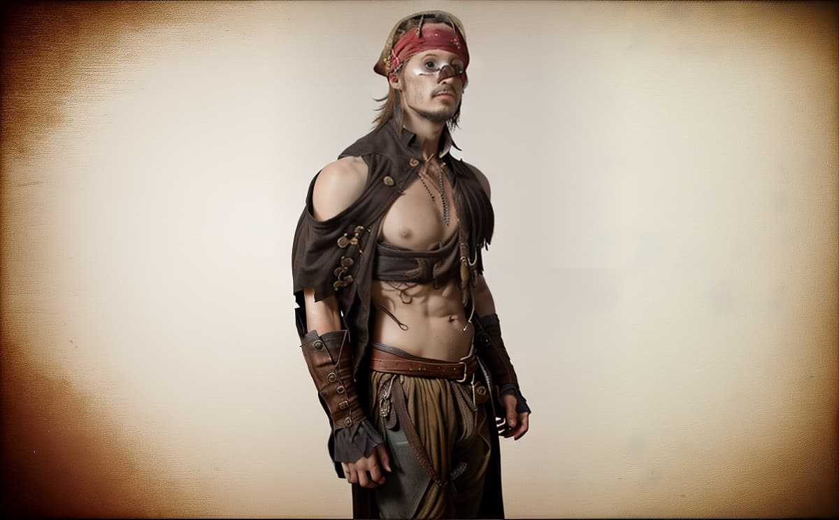  Transform the uploaded photo of a person into an image of a pirate. Add pirate themed elements such as an eye patch, a tricorn hat, a parrot on the shoulder, a pirate coat, and a background featuring a pirate ship or a treasure island. Ensure the person retains their original facial features while blending seamlessly with the pirate attire and setting. The final image should be vibrant, detailed, and convey a classic pirate look