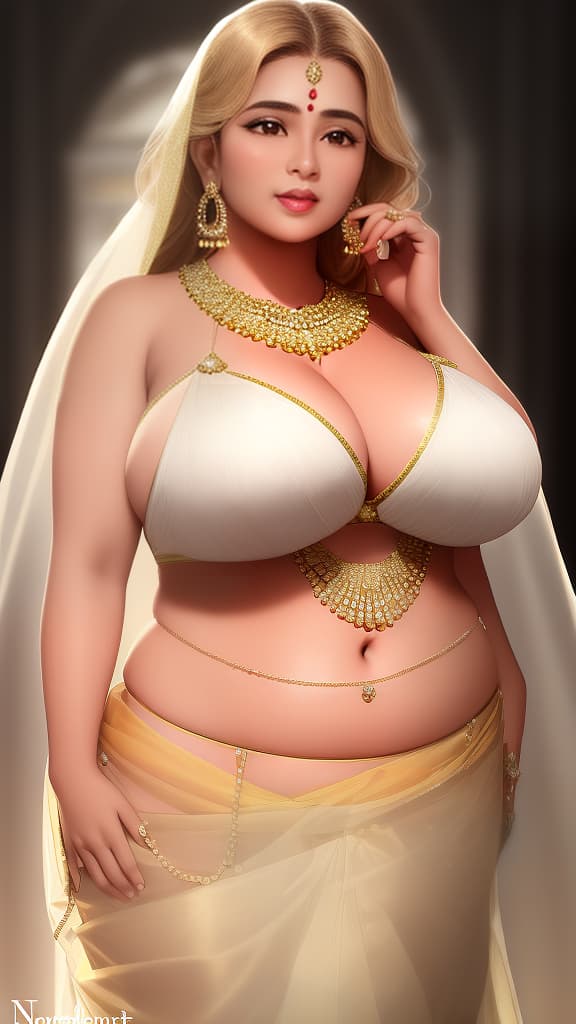  Generate full body image of a 40 year old beautiful very thick front boobs,navel deep, fatty big hand arm , fatty thigh, tall, body and completely American woman with very fair skin, blonde hair and wearing full body gold jewellery necklace and wearing short transparent saree in wedding program that , ((best quality)), ((masterpiece)), highly detailed, absurdres, HDR 4K, 8K