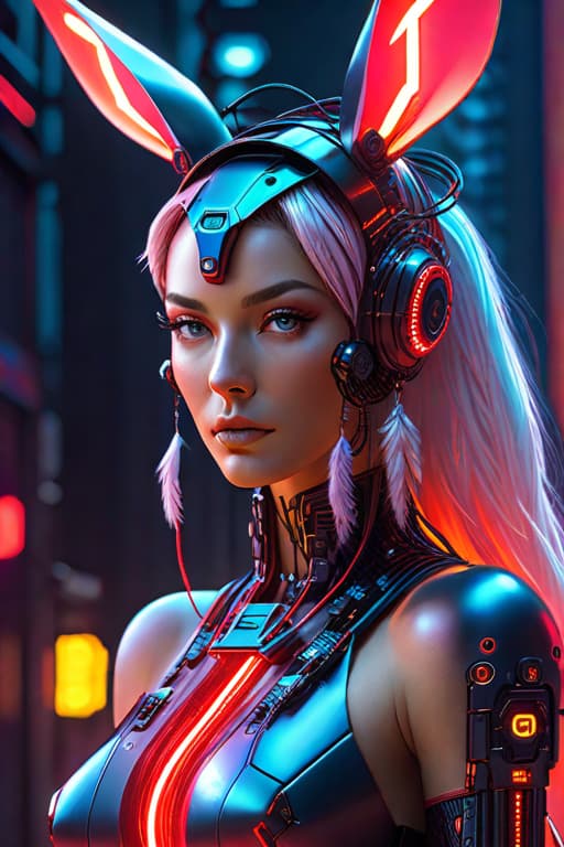  Cyborg feminine , hare ears, kawaii cyborg, high detailed face, beautiful body, glowing hair, huge , deep age, looking at the camera, breeze, neon strings, chaotic wiring/cables, scifi, futuristic, highly detailed, cinematic, cyberpunk, highly detailed and intricate, rich deep colors. sf, raphael, caravaggio, greg rutkowski, beeple, beksinski, red background hyperrealistic, full body, detailed clothing, highly detailed, cinematic lighting, stunningly beautiful, intricate, sharp focus, f/1. 8, 85mm, (centered image composition), (professionally color graded), ((bright soft diffused light)), volumetric fog, trending on instagram, trending on tumblr, HDR 4K, 8K