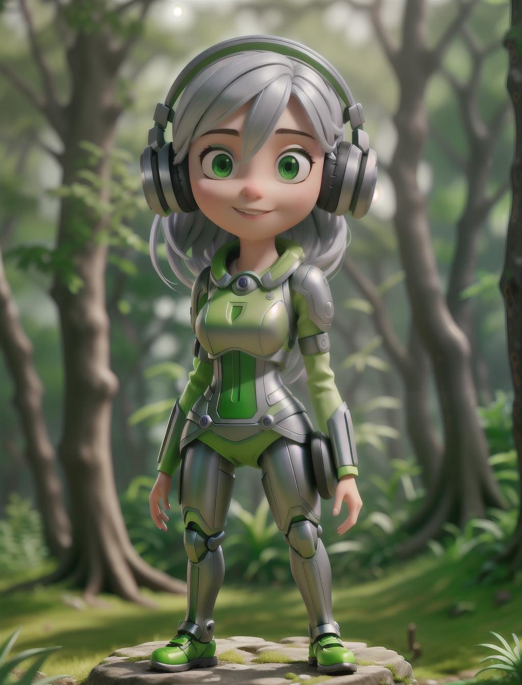  a cute cyborg girl with silver hair standing in a green forest, Dynamic Background, Vibrant Color, wearing a headset, enjoying music hyperrealistic, full body, detailed clothing, highly detailed, cinematic lighting, stunningly beautiful, intricate, sharp focus, f/1. 8, 85mm, (centered image composition), (professionally color graded), ((bright soft diffused light)), volumetric fog, trending on instagram, trending on tumblr, HDR 4K, 8K