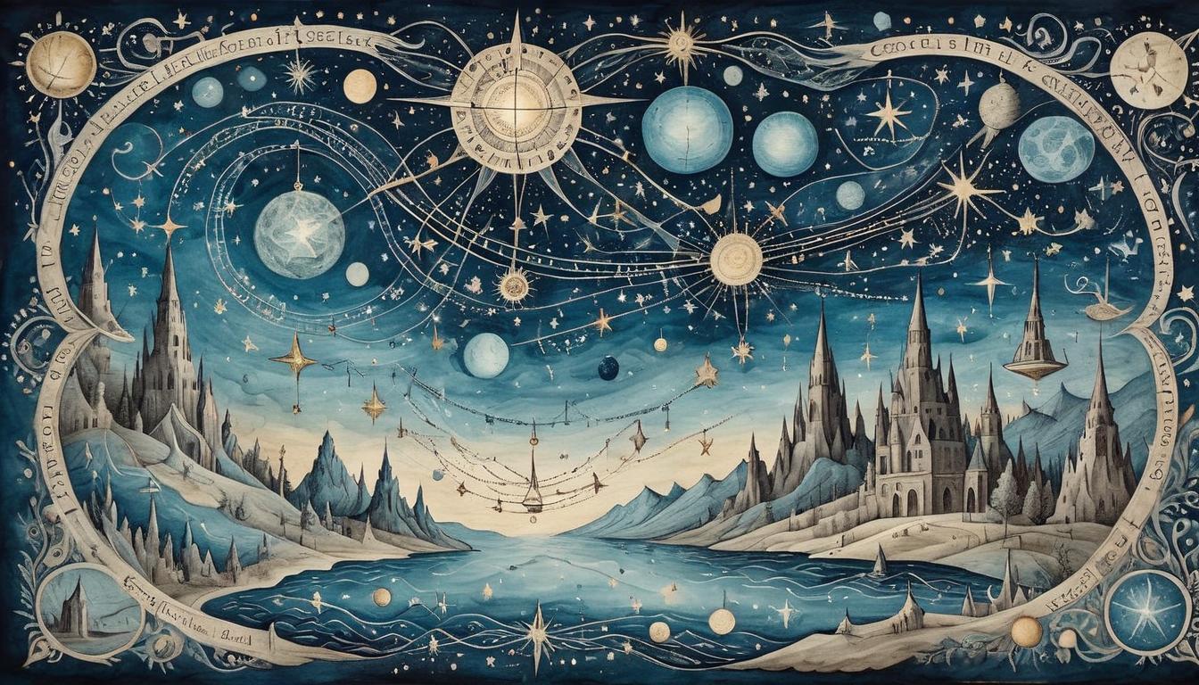  on parchment, surrealism+++, Connecting stars and constellations, threads of light weaving ideas, enlightening, interconnected(mysterious, provocative, symbolic,muted color)+++