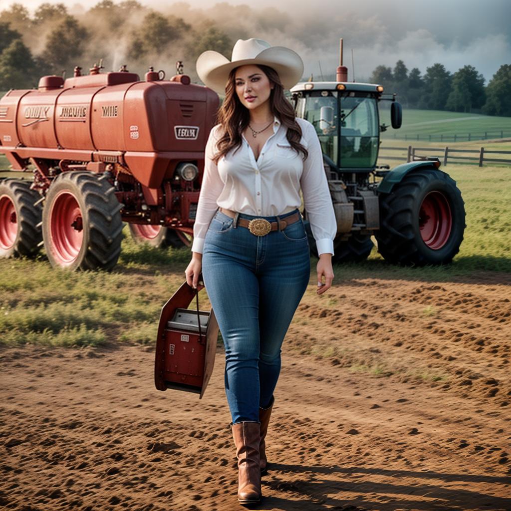  Chubby USA girl in wearing Cowboy clothes portrait at farm, bulls in Background, Tractor in background, Clean face details hyperrealistic, full body, detailed clothing, highly detailed, cinematic lighting, stunningly beautiful, intricate, sharp focus, f/1. 8, 85mm, (centered image composition), (professionally color graded), ((bright soft diffused light)), volumetric fog, trending on instagram, trending on tumblr, HDR 4K, 8K