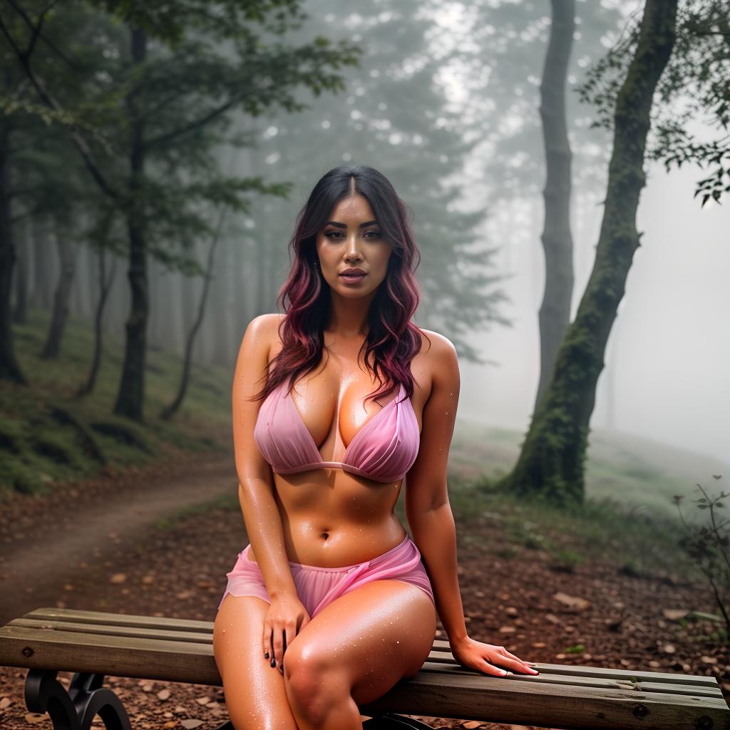  a woman sitting on a bench in the grass, in deep forest hungle, exposed pussy & thighs!!!, wearing pink sari, full body pov, street pic, mom, wet hairy bodies, hethe srodawa, flash on pussy, mountainside, black skin, looking at the viewer, frock, uncropped hyperrealistic, full body, detailed clothing, highly detailed, cinematic lighting, stunningly beautiful, intricate, sharp focus, f/1. 8, 85mm, (centered image composition), (professionally color graded), ((bright soft diffused light)), volumetric fog, trending on instagram, trending on tumblr, HDR 4K, 8K