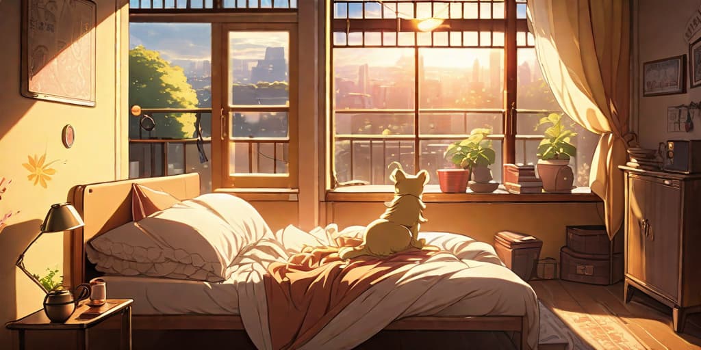  anime art, your name style, Morning sun filtering through open windows of a cozy dormitory room, soft golden glow, bed with tangled sheets, gentle birdsong outside, warm and inviting atmosphere, a sense of intimacy and connection.