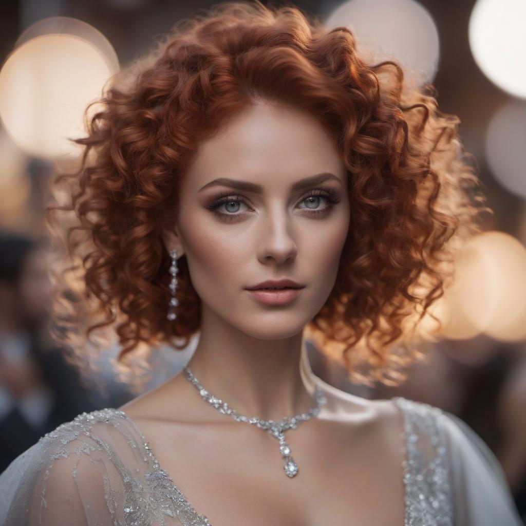  cinematic photo dark woman, curly wavy red hair, light gray eyes, dilated pupil, small earrings, necklace, dress . 35mm photograph, film, bokeh, professional, 4k, highly detailed hyperrealistic, full body, detailed clothing, highly detailed, cinematic lighting, stunningly beautiful, intricate, sharp focus, f/1. 8, 85mm, (centered image composition), (professionally color graded), ((bright soft diffused light)), volumetric fog, trending on instagram, trending on tumblr, HDR 4K, 8K