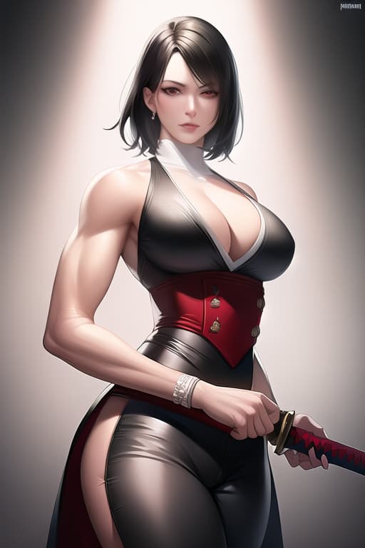  black hair, very short hair, woman, older sister, mature, white dress shirt, red corset, black leather pants, long Japanese sword, muscular, accurate eyes, accurate hands, Japanese armor on shoulders and arms,cowboy shot, (Masterpiece, BestQuality:1.3), (ultra detailed:1.2), (hyperrealistic:1.3), (RAW photo:1.2),High detail RAW color photo, professional photograph, (Photorealistic:1.4), (realistic:1.4), ,professional lighting, (japanese), beautiful face, (realistic face)