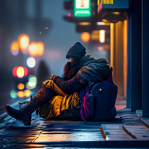 estilovintedois photo about homeless Cinematic Quality hyperrealistic, full body, detailed clothing, highly detailed, cinematic lighting, stunningly beautiful, intricate, sharp focus, f/1. 8, 85mm, (centered image composition), (professionally color graded), ((bright soft diffused light)), volumetric fog, trending on instagram, trending on tumblr, HDR 4K, 8K