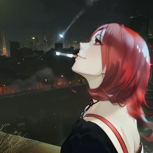  a girl with red hair smokes at night and looks thoughtfully with a smile at the sky high against the background of a large smoky city, Anime style photo, Manga style, Digital art, glow effects, Hand drawn, render, 8k, octane render, cinema 4d, blender, dark, atmospheric 4k ultra detailed, cinematic sensual, Sharp focus, humorous illustration, hyperrealistic, big depth of field, Masterpiece, colors, 3d octane render, 4k, concept art, trending on artstation, hyperrealistic, Vivid colors hyperrealistic, full body, detailed clothing, highly detailed, cinematic lighting, stunningly beautiful, intricate, sharp focus, f/1. 8, 85mm, (centered image composition), (professionally color graded), ((bright soft diffused light)), volumetric fog, trending on instagram, trending on tumblr, HDR 4K, 8K