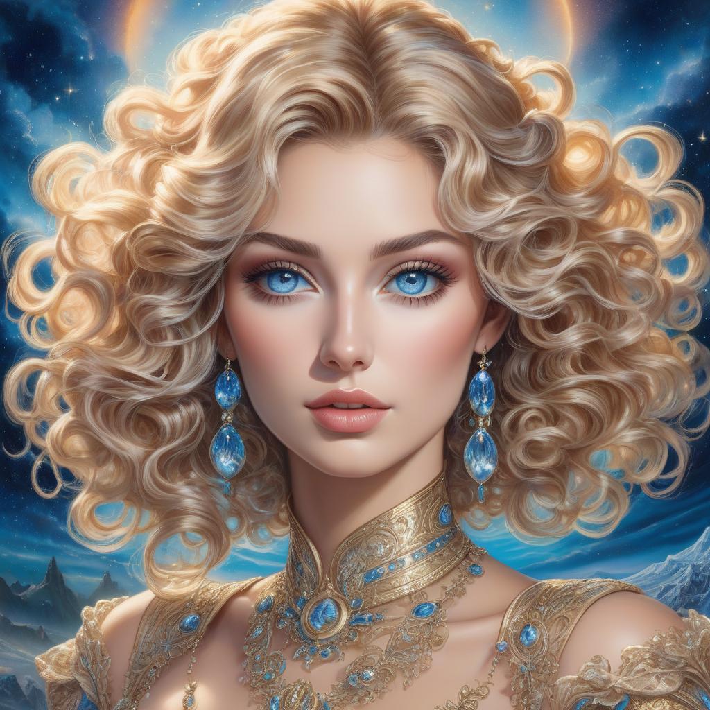  surrealist art A digital portrait of a woman with curly blond hair, blue eyes, and a celestial background. Create a vintage Aquarell im Stil von Josephine Wall, Tomasz Allen Kopera, Dariusz Zawadzki, Andreja Peklar, Ivan Shiskine ,a fantasy style portrait of a young woman with long, wavy ash blond hair, featuring subtle brown highlights. Her complexion is fair with a warm undertone. She has large, round, hazel eyes with visible eyelashes and well groomed, arched eyebrows. Her lips are full with a slight peach tint, accompanying a small, straight nose and a softly contoured face with prominent cheekbones, gently flushed cheeks, and a delicate chin. Modifiers: . dreamlike, mysterious, provocative, symbolic, intricate, detailed hyperrealistic, full body, detailed clothing, highly detailed, cinematic lighting, stunningly beautiful, intricate, sharp focus, f/1. 8, 85mm, (centered image composition), (professionally color graded), ((bright soft diffused light)), volumetric fog, trending on instagram, trending on tumblr, HDR 4K, 8K