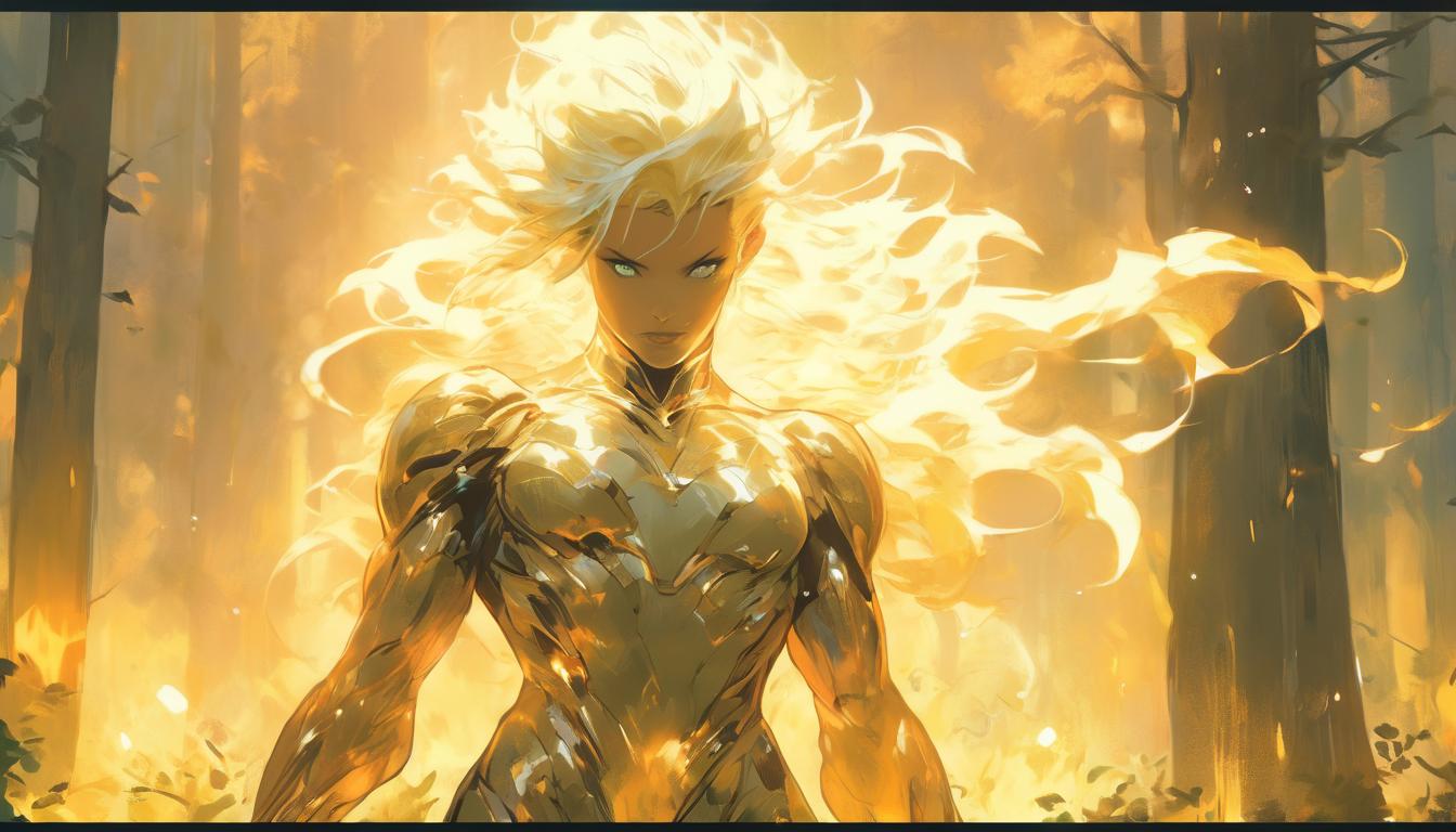  hyperrealism,fantasy aesthetic1woman, large busted attractive blonde arian female humanoid, walking through a mystical forest, trees aglow with ethereal light, high tech clothing clad in sleek, futuristic costume with metallic accents and form fitting designs, marvel superhero comics style, unreal engine rendering