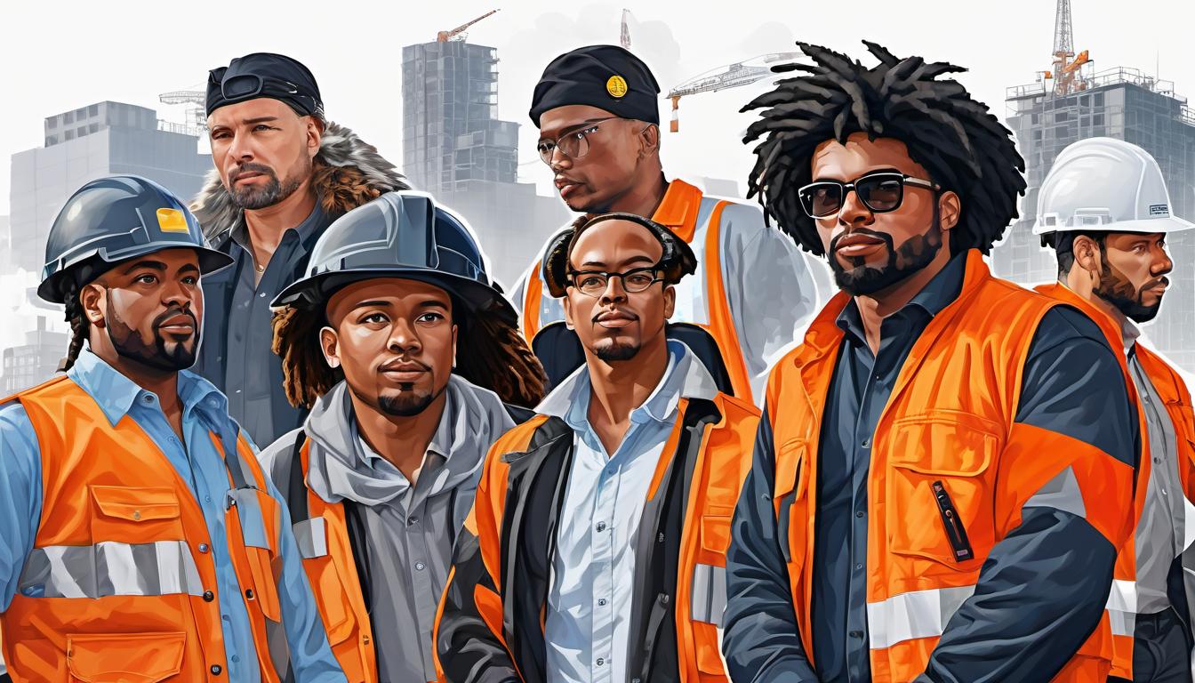  digital painting of Diverse group of people, united in construction, collaborative energy, varied attire representing different cultures, joint endeavor, resolve and challenge looking at viewer, dynamic pose, (intricate details, masterpiece, best quality)