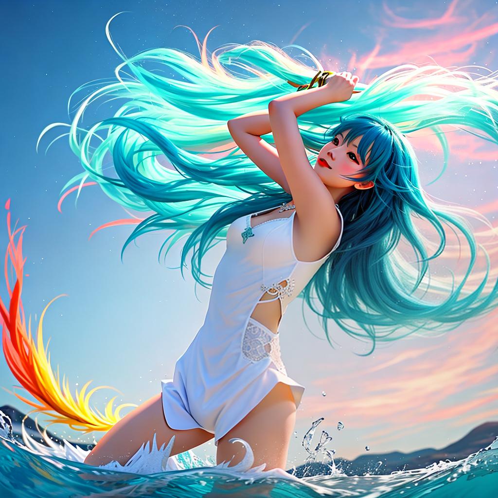  with euphoric elements, Infuse a burst of vibrant colors into the canvas as you capture the dynamic movement of a girl's flowing hair, creating a lively and enchanting masterpiece.