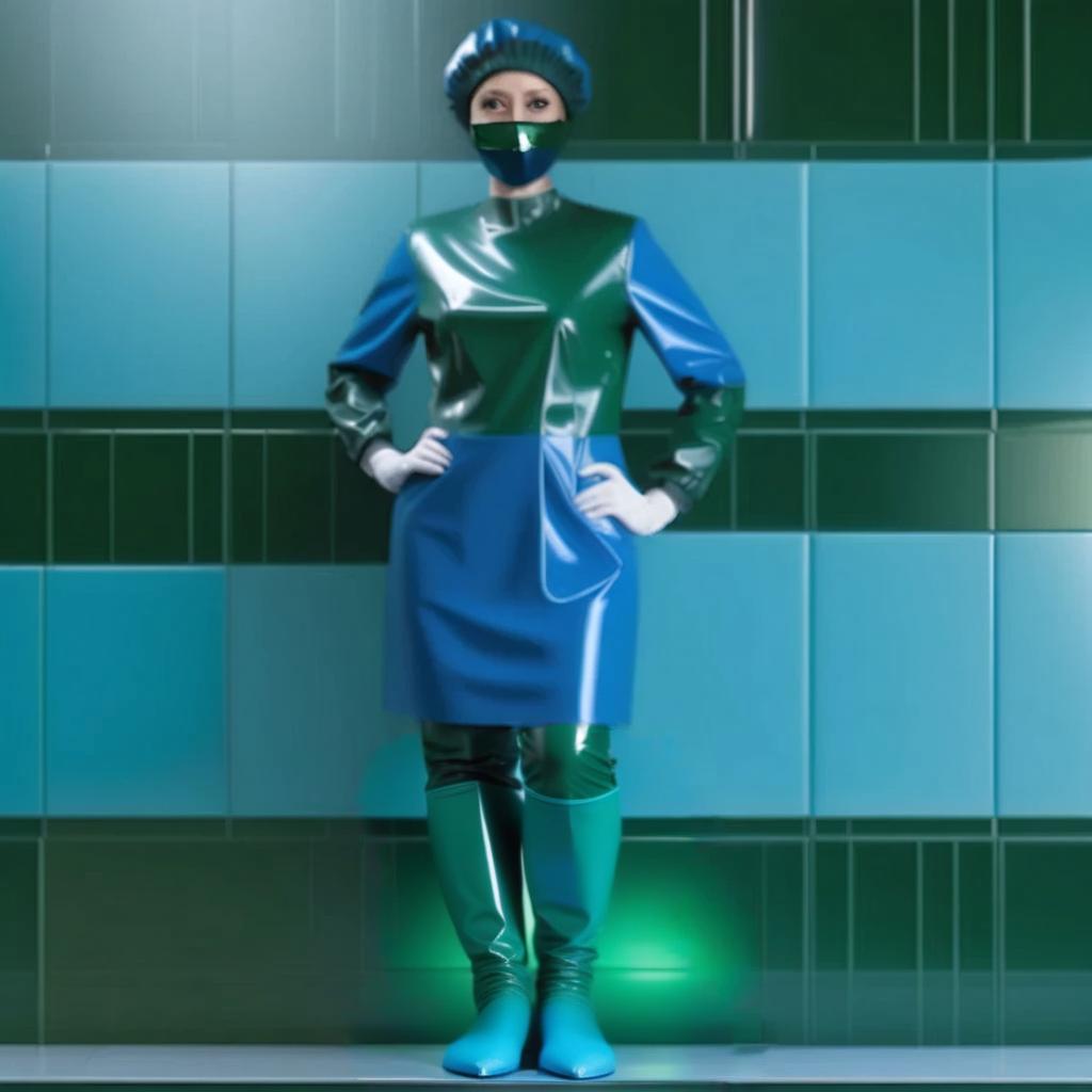  legs together, operating room shoes, identical high surgical shoe covers, knee high, with elastic cuffs up shoe covers, (the lower half from sole to ankle, from glossy latex dark green:1.3), (the upper half from ankle to knee, from glossy latex dark blue:1.5), (flat soled, without heels:1.2), front view, full face, full length hyperrealistic, full body, detailed clothing, highly detailed, cinematic lighting, stunningly beautiful, intricate, sharp focus, f/1. 8, 85mm, (centered image composition), (professionally color graded), ((bright soft diffused light)), volumetric fog, trending on instagram, trending on tumblr, HDR 4K, 8K