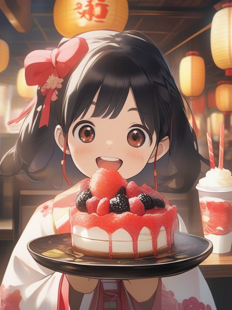  Best,solo,female,black hair color,surprised face,happy face,dyed cheeks,big round eyes,black eye color,cream on mouth,eating shortcake🍰,wearing kimono,stripes,Taisho era,Taisho roman,coffee shop in background,high quality,16K, masterpiece, best quality,8k,ultra detailed,high resolution,an extremely delicate and beautiful,hyper detail