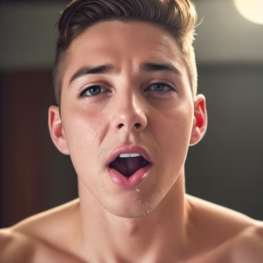  (Photorealistic art of naked young guy. drool coming out of his mouth.(clenched his teeth) he's pinned to the floor. eyes looking up. steam coming out of his mouth. blush. side view. tears. His head is pinned to the floor by a man's hand and engorged penis:1.2), masterpiece, 4k, best quality, realistic art, natural handsome, light leaks, soft focus, dramatic angle, extreme angle shot