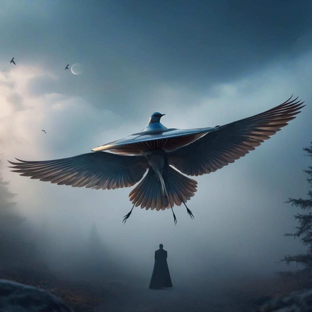  A masterpiece. Bird. Nightingale. Background: surrealistically abstract. Сanary. Flying saucer. hyperrealistic, full body, detailed clothing, highly detailed, cinematic lighting, stunningly beautiful, intricate, sharp focus, f/1. 8, 85mm, (centered image composition), (professionally color graded), ((bright soft diffused light)), volumetric fog, trending on instagram, trending on tumblr, HDR 4K, 8K