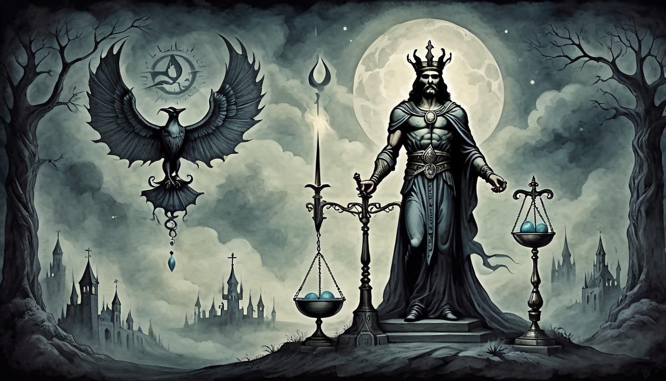  on parchment, surrealism+++, Spectral scales of justice, ethereal balance, spirits overseeing, dark and shadowy background, balance, order(mysterious, provocative, symbolic,muted color)+++