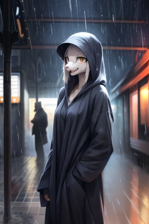  masterpiece, best quality, perfect anatomy, bright eyes, watery eyes, by t.y.stars, by null ghost, by k0bit0wani, (felis:0.25), female,solo, baggy clothing, (open smile:1.1), gentle, looking at viewer, train station, rain, (waterdrop:0.9), grey sky, raining, (fog:0.4), detailed background hyperrealistic, full body, detailed clothing, highly detailed, cinematic lighting, stunningly beautiful, intricate, sharp focus, f/1. 8, 85mm, (centered image composition), (professionally color graded), ((bright soft diffused light)), volumetric fog, trending on instagram, trending on tumblr, HDR 4K, 8K