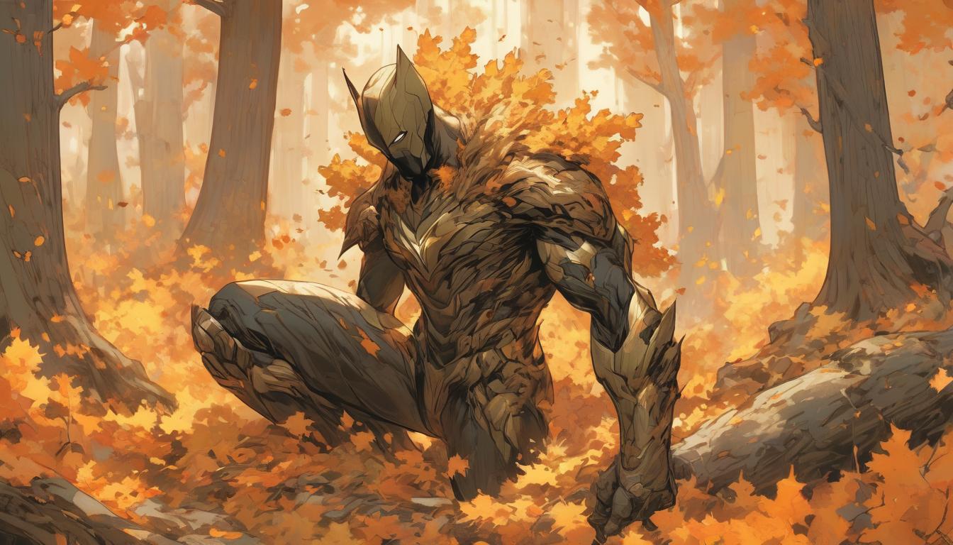  hyperrealism,fantasy aestheticTree shedding leaves, autumn landscape, leaving behind the old, preparing for new growth, natural progression, high tech clothing clad in sleek, futuristic costume with metallic accents and form fitting designs, marvel superhero comics style, unreal engine rendering