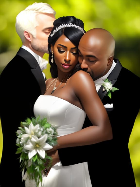  A dark skinned is getting married. Two men, one dark skinned and the other a Slav, simultaneously hug and her. They're happy., (intricate details:1.12), hdr, (intricate details, hyperdetailed:1.15) hyperrealistic, full body, detailed clothing, highly detailed, cinematic lighting, stunningly beautiful, intricate, sharp focus, f/1. 8, 85mm, (centered image composition), (professionally color graded), ((bright soft diffused light)), volumetric fog, trending on instagram, trending on tumblr, HDR 4K, 8K