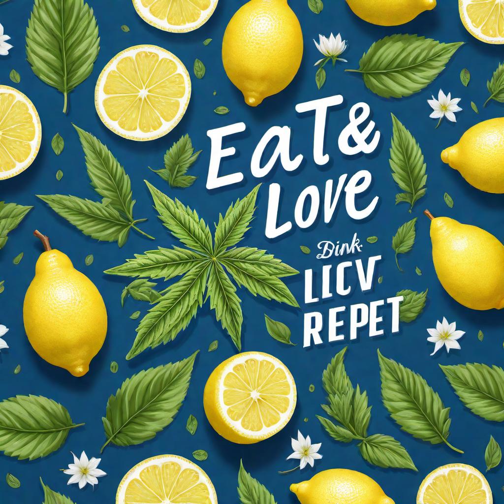  Sticker design with a blue background. Centered on the sticker is a detailed weed leaf. Surrounding the weed leaf are bright, realistic lemons. The words 'Eat Drink Love Repeat' are prominently displayed within the design, with a stylish and clear font. The overall style is modern and playful. hyperrealistic, full body, detailed clothing, highly detailed, cinematic lighting, stunningly beautiful, intricate, sharp focus, f/1. 8, 85mm, (centered image composition), (professionally color graded), ((bright soft diffused light)), volumetric fog, trending on instagram, trending on tumblr, HDR 4K, 8K