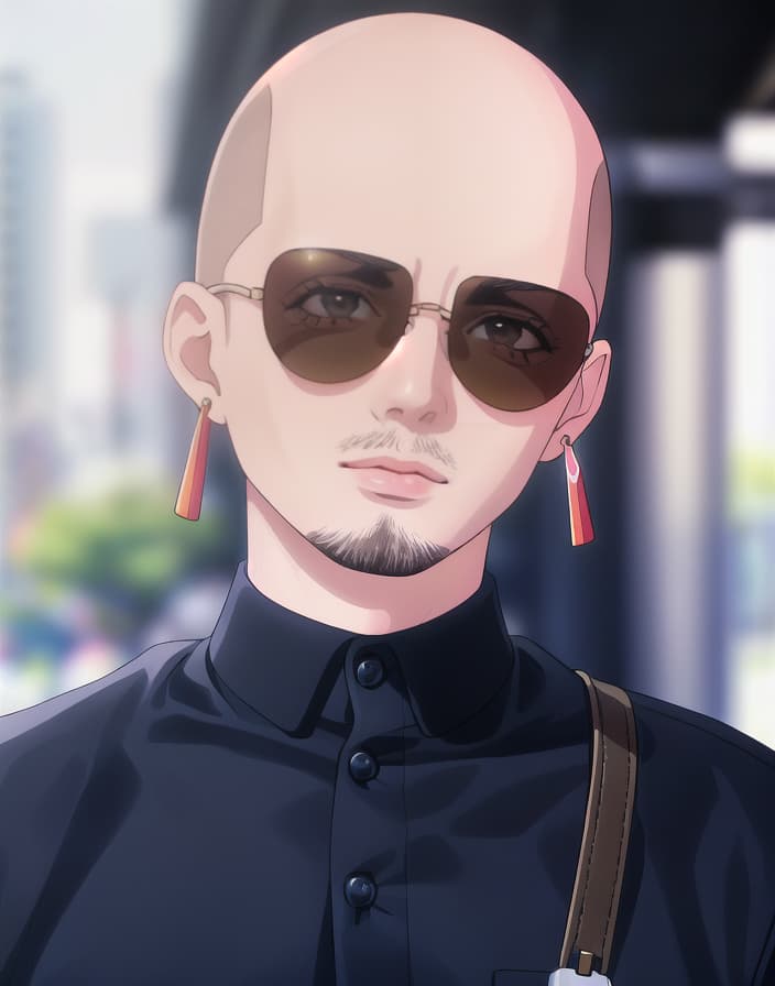  master piece , best quality,Skinhead, beard, sunglasses, three earrings.