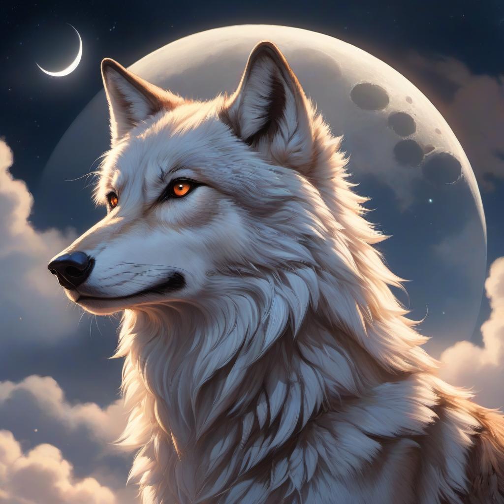  anime artwork The painting depicts a wolf with a serene demeanor, white fur and brown eyes. The stage is flooded with the soft glow of a crescent moon, which casts a warm light on the night sky, creating a charming, naturalistic picture. . anime style, key visual, vibrant, studio anime, highly detailed hyperrealistic, full body, detailed clothing, highly detailed, cinematic lighting, stunningly beautiful, intricate, sharp focus, f/1. 8, 85mm, (centered image composition), (professionally color graded), ((bright soft diffused light)), volumetric fog, trending on instagram, trending on tumblr, HDR 4K, 8K